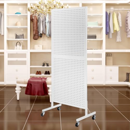 Eastern Tree Metal Pegboard Display Stand 2'x 5' with 30 Hooks, Pegboard Panels Display with Wheels, Peg Board Display Rack, Standing Pegboard Display- White - color: White