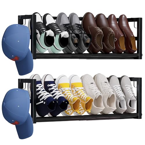 2 Pack Narrow Wall Mounted Shoe Rack for Small Spaces, Hanging Shoe Rack Holds 8 Pairs, 17"-30"Adjustable Heavy Duty Wall Shoe Storage with 4 Storage Hooks,Space Saving for Closet Entryway Door,Black