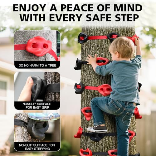TOPNEW 18 Ninja Tree Climbing Holds for Kids Climber, Red & Black Tree Climbing Kit with 6 Ratchet Straps for Outdoor Ninja Warrior Obstacle Course Training - style: 18 Black and Red Climbing Holds