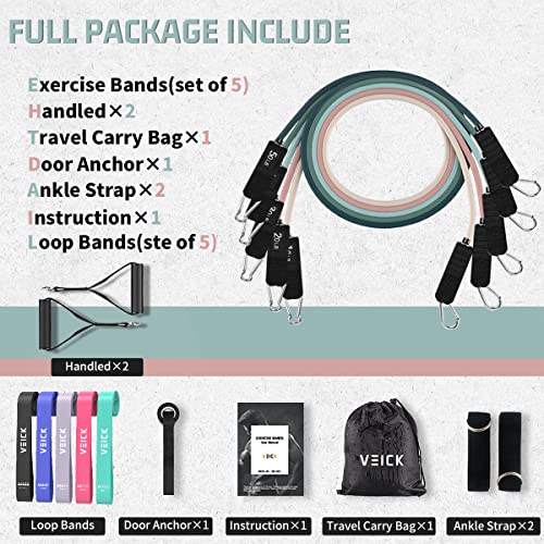 VEICK 10-150LBS Resistance Bands with Handles, Ankle Straps, Door Anchor | Accredited Lab Certified, 100% Natural Latex, Versatile for Yoga, Pilates, Strength, Home Gym - color: Macaron, style: 10-150LBS + 5 Loop Bands