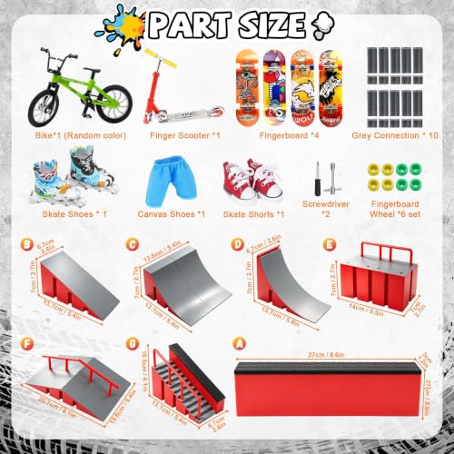 Fingerboard Skate Park Ramp Kit, Finger Skateboards Toys with Skates Sports Shorts Tool Kit, Mini Fingerskateboards Training Props Interactive Freestyle Skate Game for Kids Adults