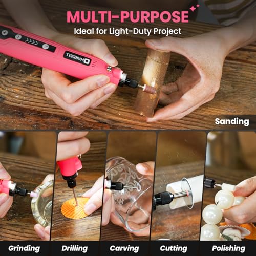 HARDELL Mini Cordless Rotary Tool, 5-Speed 3.7V Rechargeable Rotary Tool Kit with 69 Accessories, USB Charging Multi-Purpose DIY Tool for Sanding, Polishing, Drilling, Engraving(Pink 69pcs) - style: Pink-3.7v