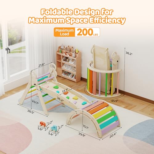 Pikler Triangle Set, 7-in-1 Foldable Toddler Climbing Toys, Indoor Playground for Kids, Montessori Climbing Set Gift, Wooden Baby Jungle Gym, for Toddlers 1-3 (Rainbow) - size: 7-in-1