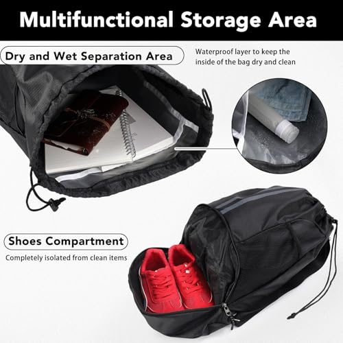 Drawstring Backpack Gym Bag, Waterproof String with Shoe Compartment, Black | 900D Oxford, Waterproof Divider, 2 Side Mesh Pockets, Adjustable Straps, 13 x 16.9 In, For Gym, Swim,Basketball,Beach