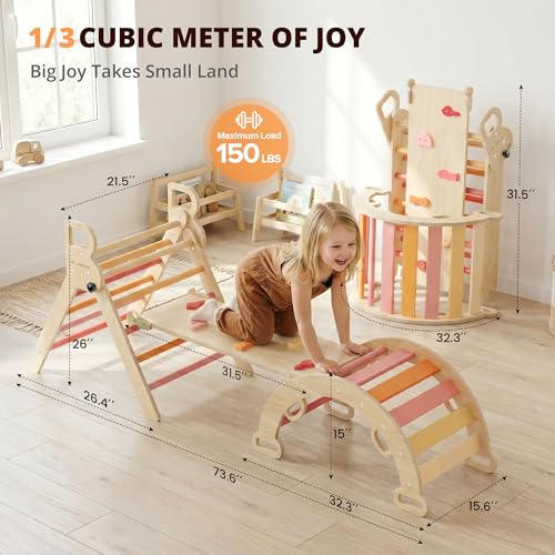 BlueWood Pikler Triangle Set, Toddler Climbing Toys Indoor 7in1 Foldable | Wooden Climber for Kids, Montessori Philosophy Play Jungle Gym with Arch, Ramp, Ladder (Farm Charm Autumn) - color: Farm Charm Autumn