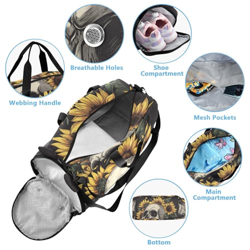 Kids Sports Duffel Bag for Boys & Girls - Skull Summer Sunflowers 100% Polyester Gym Bag with Separate Shoe Compartment, Adjustable Shoulder Strap, Compact Travel & Workout Gear Bag - color: Skull Summer Sunflowers