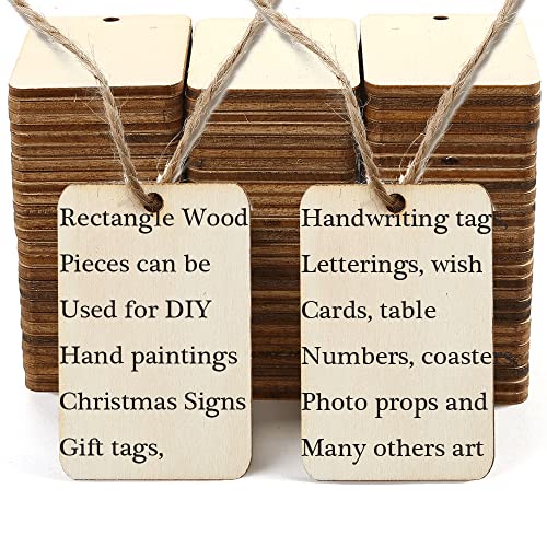 115 Pcs Unfinished Wood Pieces Rectangle-Shaped, HOOMBOOM 2 x 1.3 inch Light Wooden Cutout Natural Rustic with Hemp Rope, for Holiday Craft Projects, Hanging Decorations, Painting, Staining