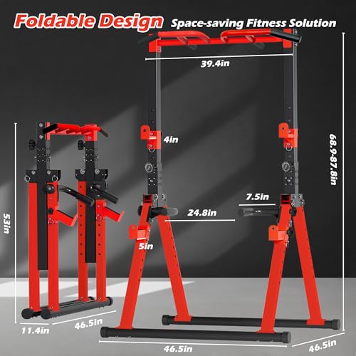 Foldable Power Tower Pull Up Bar Station, Adjustable Height | 700lbs Loading,Free Standing Pull Up Power Tower Station,Portable and Space Saving,fits Woman and Man, Mulit-grips, - color: Red