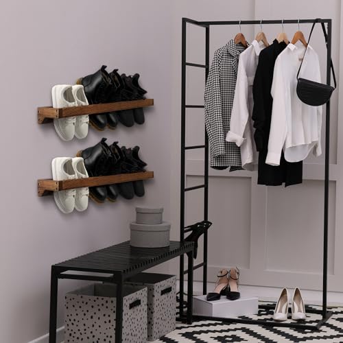 Wenqik 2 Pcs Wall Mounted Wooden Shoe Rack 30 Inch Rustic Wood Wall Hanging Shoe Rack Space Saving Footwear Holder Shoes Storage Organizer for Mudroom, Entryway, Closet (Burnt Wood) - color: Burnt Wood