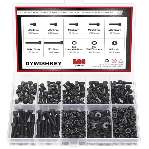 DYWISHKEY 566 Pieces M3 Black Screws, 12.9 Grade Alloy Steel M3x 4/6 /8/10 /12/16 /20mm Hex Socket Head Cap Screws Bolts Nuts Washers Assortment Kit - size: M3, style: Socket Head