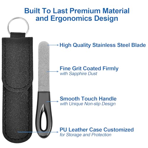 Metal Nail File with Case, 2 Pack Keychain Nail Files for Natural Nails, Fingernail Files Diamond Round Tip Stainless Steel Double Sided Fine Grit Sapphire Filer with Leather Sheath Travel Black - size: 2 Pack 3.6 in Gunmetal/Black Keychain