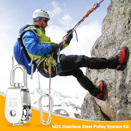 M25 Stainless Steel Pulley System Kit,Pulley Block with Nylon Rope | 2 Pack M25 Heavy Duty Pulleys Wheel with Rope Cleat, Eye Pad Plate and Hooks for Sun Shade Sail, Clothesline | 2 Pack M25 Heavy Duty Pulleys Wheel with Rope Cleat, Eye Pad Plate and Hook