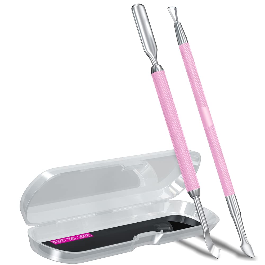 2Pcs Metal Mauve/Pink Purple Cuticle Pusher And Cutter Remover Salon Quality Stainless Steel Gel Nail Polish Peeler Scraper Dura