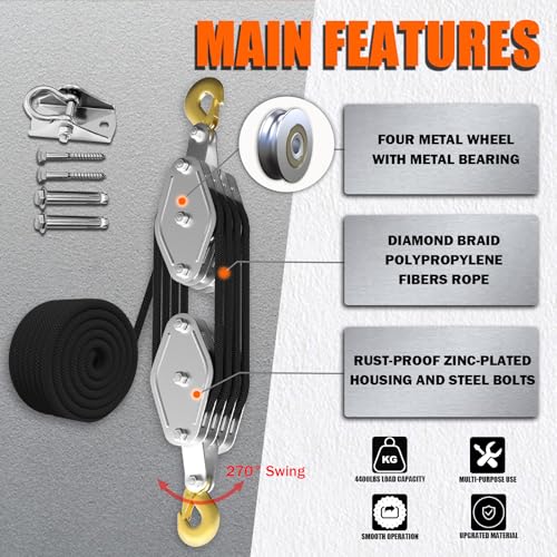 YATOINTO Rope Hoist Pulley System, 4400LB Block and Tackle Pulley System, 8:1 Lifting Power 65ft, Pulley Block for Lifting Loading Pulling with 1 Swing Hanger 2 Screws 2 Expansion Bolts - color: black, size: UPGRADED-4wheels+swing hanger