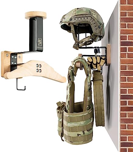 ONETIGRIS Tactical Gear Wall Mount Heavy Duty Holder for Vest & Moto Helmet | Helmet, plate carrier & belt storage, 88 LB combined load capacity, nature wood & steel construction, easy set up, all-in-one - color: Natural