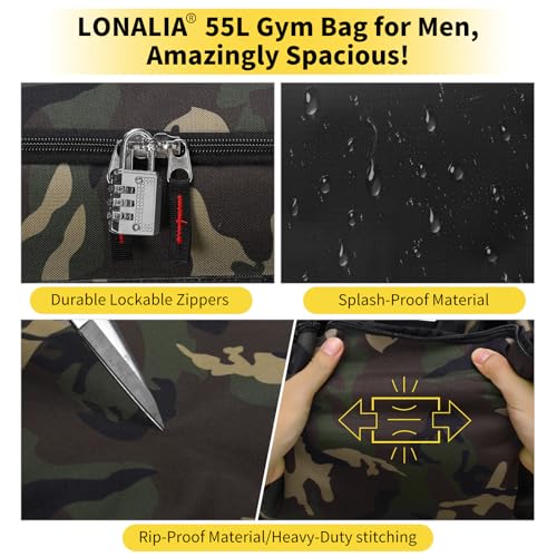 55L Sports Duffle Bag for Men, 22 inch, Camo | Multi Pockets, Water Resistant, Weekend Travel, Workout, Fitness - color: Camo