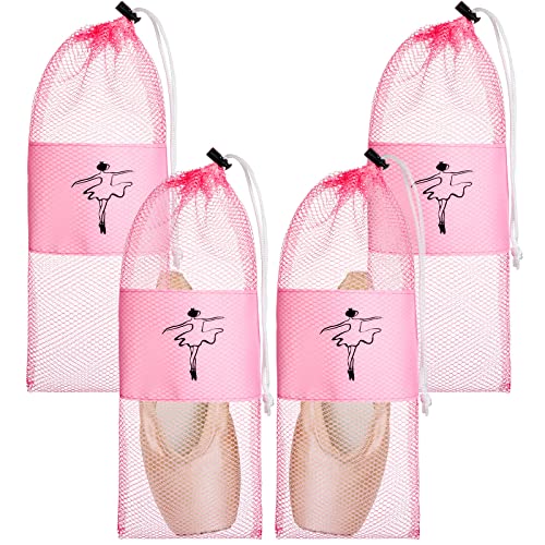 Shappy 4 Pcs Pointe Shoes Bag Mesh Dance Shoe Storage Ballet Accessories for Women Girls, Drawstring Pouch - color: pink
