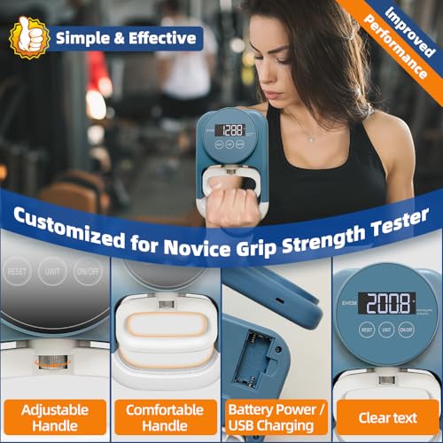Grip Strength Tester Hand Gripper - Grip Strength Trainer Hand Dynamometer Handheld Meter LED Display Comfortable 265 Lbs / 120 Kgs Finger Strengthener for Sports Home School Gym Use - color: Blue