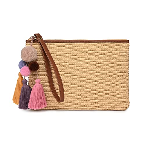 Luxury Straw Wristlet Pouch Beach Clutch Bag Small Summer Vacation Purse w. Colorful Pom Poms Tassels for Women - color: Brown