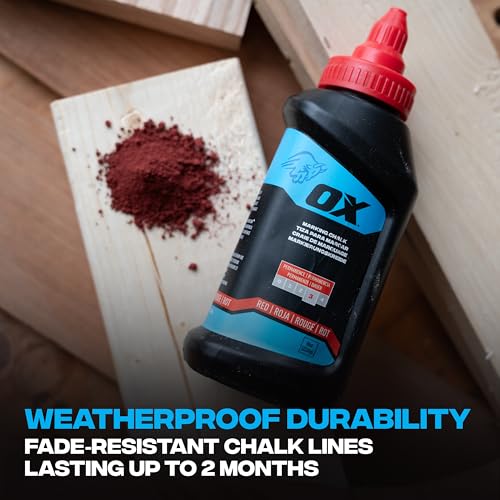 OX Red Chalk Line Powder 8oz Refill - Permanent Marking | Weather-resistant, high-flow nozzle, leak-proof cap, multi-surface use on wood, concrete, metal and stone - color: Red - Permanent