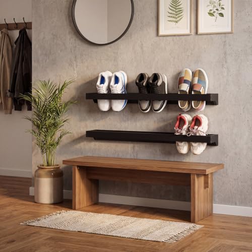 Wenqik 2 Pcs Wall Mounted Wooden Shoe Rack 30 Inch Rustic Wood Wall Hanging Shoe Rack Space Saving Footwear Holder Shoes Storage Organizer for Mudroom, Entryway, Closet (Black) - color: Black