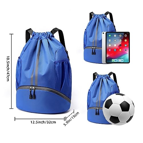 Valleycomfy Sports Drawstring Backpack - Water Resistant String Bag Blue | with Side Mesh Pockets Shoe Compartment Gym Backpack for Women & Men - color: A-blue