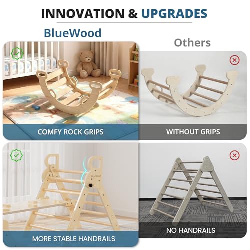 BlueWood Pikler Triangle Set, Toddler Climbing Toys Indoor 7in1 Foldable | Wooden Climber for Kids, Montessori Philosophy Play Jungle Gym with Arch, Ramp, Ladder (Natural) - color: Natural