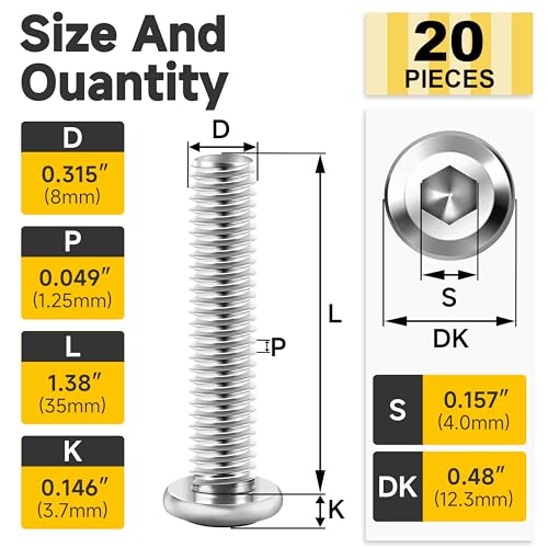 Mywish M8 x 35mm 20Pcs Flat Head Hex Socket Cap Screws Bolts, 304 Stainless Steel Furniture Bolts Full Thread, Bright Finish & Hex Spanner - color: Silver-M8, size: 35mm