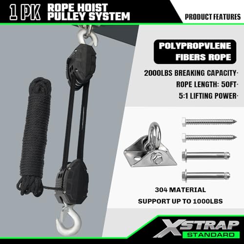XSTRAP STANDARD 50 Feet Rope Hoist, Heavy-Duty 2000LB Break Wheel Block | Tackle Pulley System for Lifting Heavy Objects with Work Gloves, 2pcs Soft Loops, 1 Swing Hanger for Garage Warehouse - color: 50 Ft+ Black+1 Swing Hanger