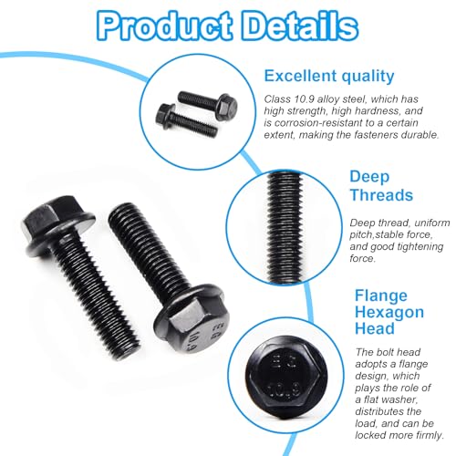 M8-1.25 X 20mm Flanged Hex Head Bolts Flange Hexagon Screws, External Flange Hex Drive Screws,Class 10.9 Black Finish,Alloy Steel, Fully Threaded, 25 PCS - size: M8x20mm