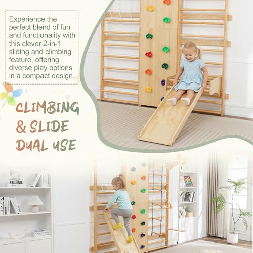10-in-1 Swedish Ladder Indoor Jungle Gym for Kids Ages 3–12, 500 LBS Wooden Wall-Mounted Climbing Set with Slide, Swing, Rings, Monkey Bars – Montessori Play & Fitness Playground - size: 10-in-1