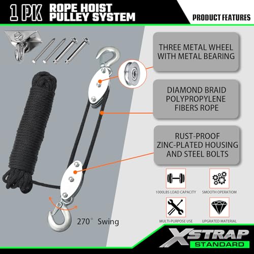XSTRAP STANDARD Rope Hoist Pulley System, 1000LB Capacity Block and Tackle, 5:1 Lifting Power 50ft Heavy Duty Pulley Block for Hunting Lifting Objects with Work Gloves, 2pcs Soft Loops, 1 Swing Hanger - color: 50 Ft+Silver Black+1 Swing Hanger