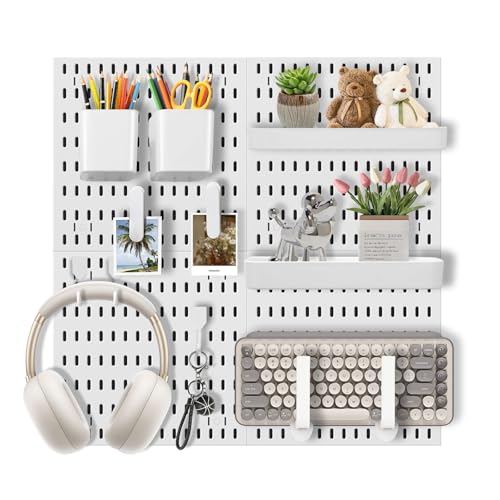 Pegboard Wall Organizer Set – 4 Peg Boards with Hooks & Shelves – Office, Kitchen, Gaming Room Desk Pegboard Storage – Peg Board Wall Display Rack (White) - color: White