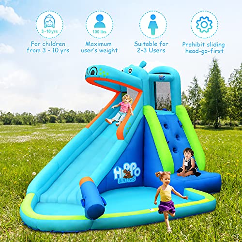 OLAKIDS Inflatable Water Slide, Hippo Themed Bounce House Water Park with Slide Splash Pool Climbing Wall Water Gun, Outdoor Inflatable Obstacle Course Jumping Castle for Kids Backyard with Blower - style: with 680W Blower