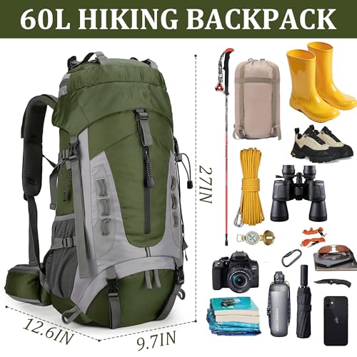 75L Hiking Backpack with Rain Cover Waterproof Camping Backpack Shoes Warehouse for Men Women, Frameless - color: Armygreen, size: 60L