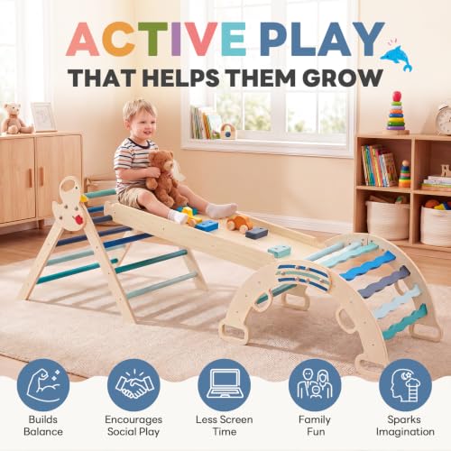 Pikler Triangle Set, 9-in-1 Foldable Montessori Climbing Toys for Toddlers, Wooden Indoor Playground with Climbing Arch, Reversible Ramp, Ladder, Toy Cars and Blocks, Blue - color: Blue