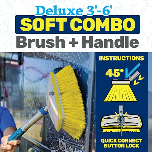 STAR BRITE Deluxe Telescoping Deck Brush Kit - Extendable 3'-6' Aircraft-Grade Aluminum Handle, Floats if Dropped, Ergonomic Design, Multi-Surface Cleaning - Soft Yellow Bristles - (040191) - style: Yellow, Soft