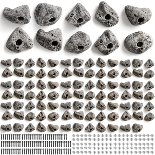 100 Large Rock Climbing Holds with Hardware for Rock Wall Grips Made in USA | 100 Bolts and 100 T-Nuts for Rock Climbing Holds Indoor Outdoor Play Set, Garage Gym, Bouldering, Trees - Rocky Climbing Gear