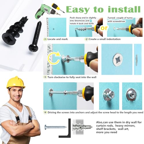 20Pcs Black Metal Self-Drilling Wall Anchors and Screws for Drywall | #8 Hollow Drywall Anchors and Screws Kit - 10 Heavy Duty Sheetrock Anchor + 10 1-1/4'' Screws for Hanging/Mounting-Upto 75lbs - size: Black Metal