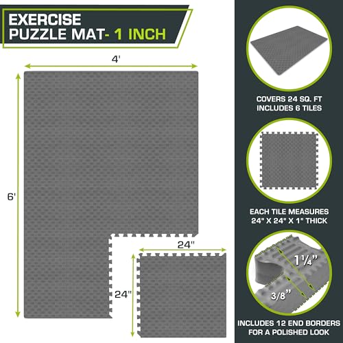 ProsourceFit Exercise Puzzle Mat 1-inch, Checkered EVA Foam Floor Tiles w/Non-Slip Texture, Interlocking Design for Adjustable Gym Surfaces, Shock Absorbing, Grey, 24 SQ FT - 6 Tiles