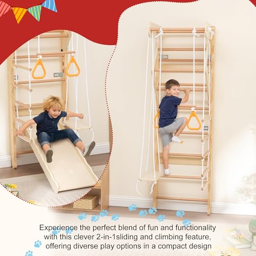 Wooden Indoor Jungle Gym 6-in-1 Playground Climbing Toys for Kids Ages 2-6, Climbing Playset Wall Ladder, Pull-Up Bar, Rope Ladder, and Gymnastic Rings, Supports 242 lbs (6-in-1) - size: 6-in-1