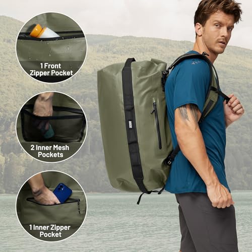 MIER Large Waterproof Duffel Bag - 60L/80L Dry Bag Backpack | Detachable Backpack Straps; Multi-Pockets; Roll-Top with Hook-and-Loop Closure; Motorcycle, Kayaking, Gym, Beach, Boating - color: Army Green, size: 80L