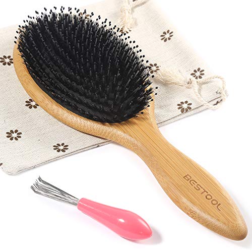 BESTOOL Hair Brush-Boar Bristle Hair Brushes Natural Bamboo Wooden Cushion Massage Anti Static Large Paddle Hairbrush for Women Men and Kid (Round) - color: Natural