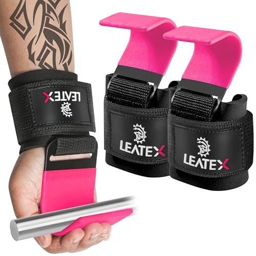 Weight Lifting Hooks (Pair) for Deadlifts, Pull Ups, Rows & Shrugs - Anti-Rip Nylon Strap Hand Grips with Thick Wrist Padding - Heavy Duty Wrist Straps for Weightlifting & Gym Workouts - color: Pink