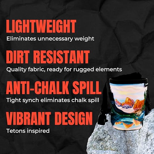 Rock Climbing Chalk Bag | for Outdoor, Gym, & Bouldering | Adjustable Waist Belt, Durable Drawstring Closure, & Zippered Pocket - style: Tetons