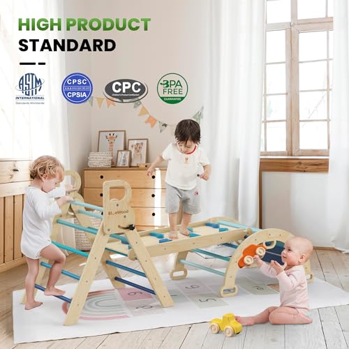BlueWood Pikler Triangle Set with Safe Handle, Climbing Toys for 1-3 Year | Foldable 7-in-1 Montessori Toddler Climbing Toys Indoor, Wooden Pickler Climbing Set, Baby Jungle Gym & Playground, Sky Blue - color: Sky Blue