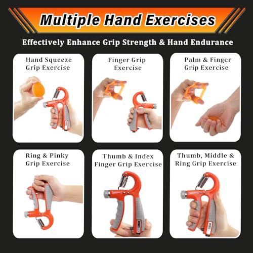 Grip Strength Trainer Kit Adjustable 10-132Lbs Hand Exerciser Counter | Forearm Strengthener, Finger Stretcher, Stress Ball and Bag for Grip Recovery, Wrist Training, Rehab, Climbers and Musicians - color: Orange