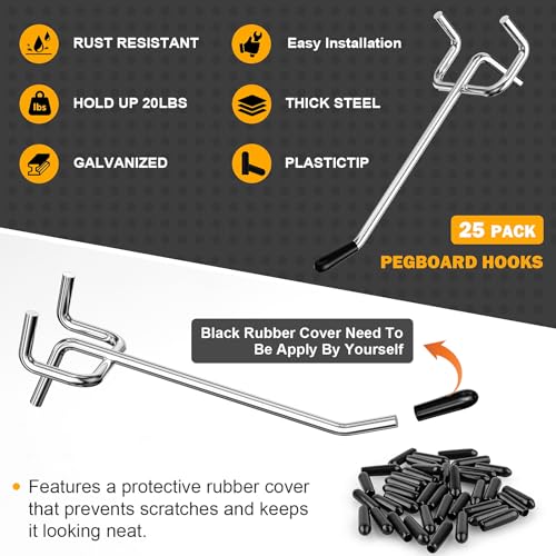 Pegboard Hooks, 25 Pack 4 inch Peg Board Organizer Accessories for Hanging Fit 1/8" Metal Peg Board Hooks for Garage, Workshop, Office, Craft Storage, Kitchen