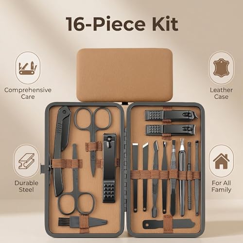 16pcs, Luxury Stainless Steel, Nail and Foot Repair kit, Professional Nail Clippers, Premium Leather Portable Box