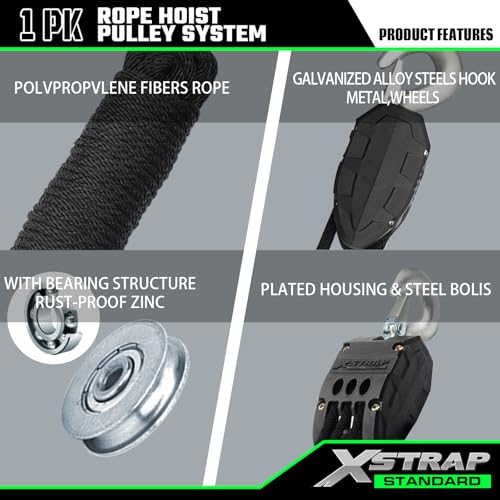 XSTRAP STANDARD 50 Feet Rope Hoist, Heavy-Duty 2000LB Break Wheel Block | Tackle Pulley System for Lifting Heavy Objects with Work Gloves, 2pcs Soft Loops, 1 Swing Hanger for Garage Warehouse - color: 50 Ft+ Black+1 Swing Hanger